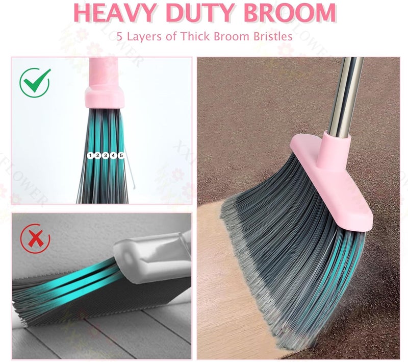 XXFLOWER Broom and Dustpan Set, Dustpans with Broom Combo for Home, Heavy Dust Broom and Dustpan Combo, Long Handle Dust Pan and Broom Set for Kitchen, Office, Pet Hair(Gray Pink) - Image 3